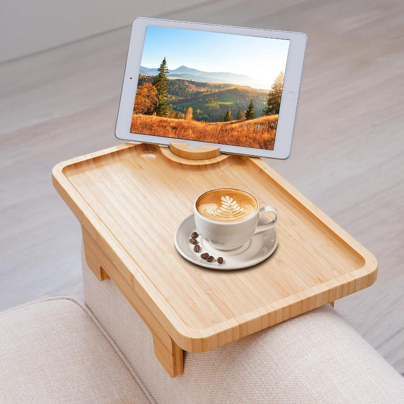 Photo 1 of Couch Arm Tray, Portable Sofa Table for Armrest with Rotating Phone Holder & Anti-Slip Base, Armrest Tray for Eating Drinking Movies