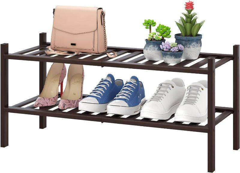 Photo 1 of 2-Tier Shoe Rack for Entryway, Bamboo Shoe Rack for Closet, Free Standing Shoe Racks for Indoor Outdoor, Stackable Shoe Shelf Storage Organizer for Hallway Closet