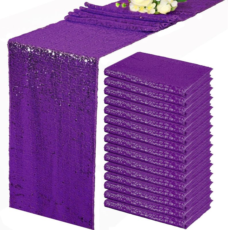 Photo 1 of 15 Pack Purple Table Runner Sequin Table Runner Sparkly Metallic Sequin Runner Coffee Table Runner for Wedding Fall Thanksgiving Birthday Party Dining Baby Bridal Shower Christmas Decorations