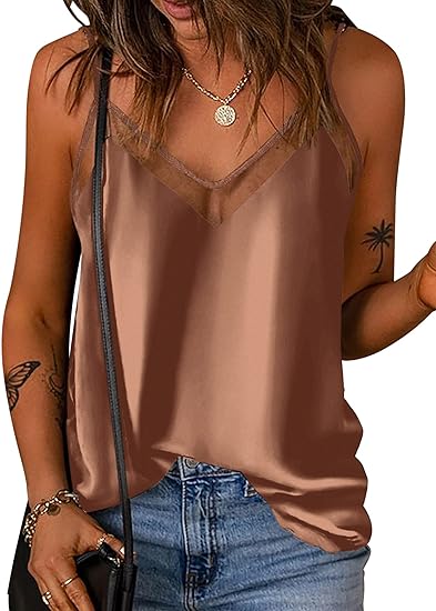 Photo 1 of Womens Size Large Ekouaer Silk Tank Top for Women Mesh V Neck Satin Camisole Silky Sleeveless Tank Cami Shirt