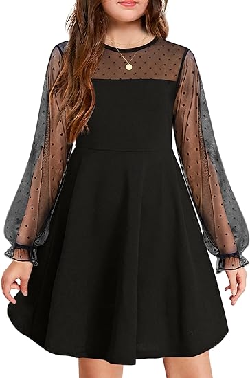 Photo 1 of Kids Size 12-13 Years Arshiner Girl's Contrast Mesh Puff Long Sleeve High Waist A Line Short Dress with Pockets for 6-13 Years
