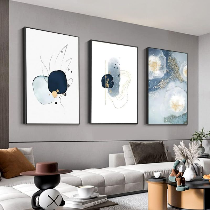 Photo 1 of 3 Framed Abstract Canvas Wall Art, Artwork in Blue, White and Grey, Simple and Elegant for Living Room Bedroom Office Decor