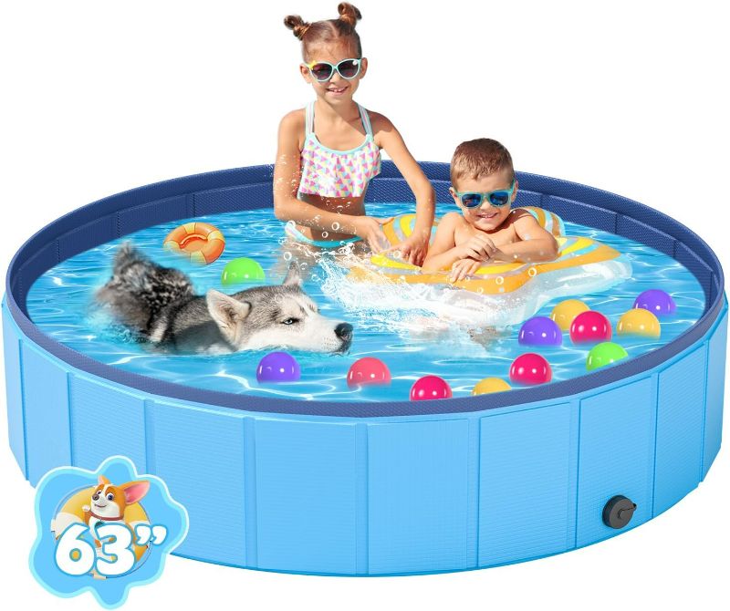 Photo 1 of Foldable Dog Pool, Portable PVC Dog Pet Swimming Pool, Collapsible Plastic Dog Bath for for Large Medium Small Dogs & Kids (XL-63"x 12" Blue)