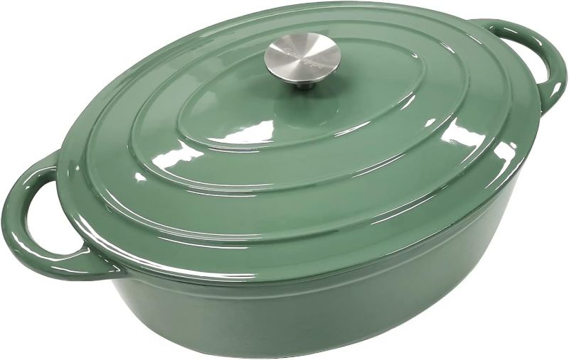 Photo 2 of Enameled Cast Iron Signature Oval Dutch Oven, 7 qt Enameled Oval Dutch Oven Pot with Lid and Dual Handles for Braising, for Braising, Broiling, Bread Baking, Frying, Green