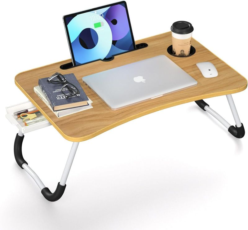 Photo 1 of Foldable Laptop Bed Table Tray - Folding Lap Desk with Cup Holder - Portable Serving Breakfast Tray with Storage Drawer/Tablet Stand/for Working, Writing, and Eating on Bed, Sofa, or Floor - Natural