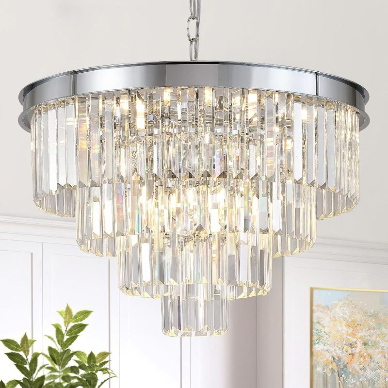 Photo 1 of Chrome Crystal Chandelier 24” Modern Chandelier for Dining Room Round Ceiling Pendant Light Fixture 4 Tiers 12 Lights Luxury Large Chandelier for Entryway Living Room Bedroom