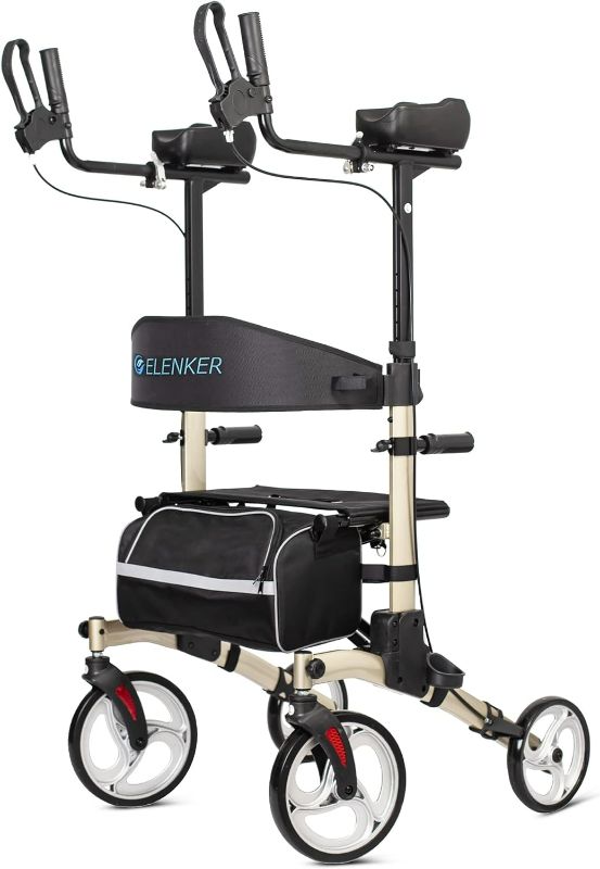 Photo 1 of ELENKER Upright Walker, Stand Up Folding Rollator Walker with 10” Front Wheels Backrest Seat and Padded Armrests(Champagne)