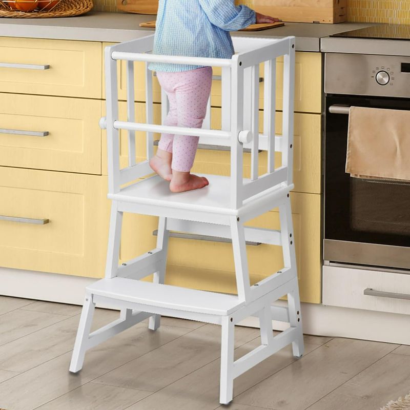 Photo 1 of COSYLAND Kids Kitchen Step Stool Helper with Gloves Removable Anti-Drop Railing Safety Rail, Non-Slip Mat Standing Tower Stepping Stool for Toddlers Bathroom Sink Counter Learning White