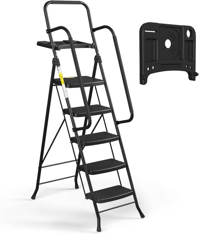 Photo 1 of HBTower 5 Step Ladder with Handrails, Folding Step Stool with Tool Platform, 330 LBS Portable Steel Ladder for Adults for Home Kitchen Library Office, Black