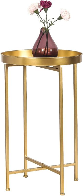 Photo 1 of Adeco Round Metal Folding Side Small Bedside Nightstand with Removable Top for Living Room Bedroom Office End Table, Gold, Gold Tray