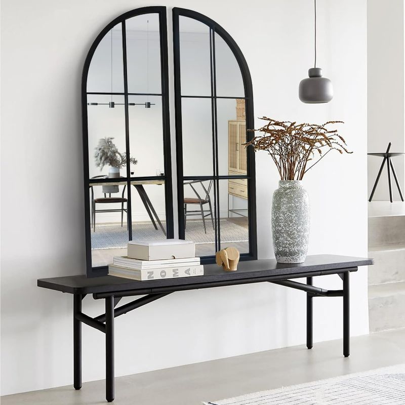 Photo 1 of Black Arched Mirror Set of 2,Window Pane Mirror for Wall Decor,Farmhouse Wall Mirror with Metal Frame,Wall Mounted Mirror for Entryway,Hallway,Living Room,Fireplace.2-Pack 38"X13.4"