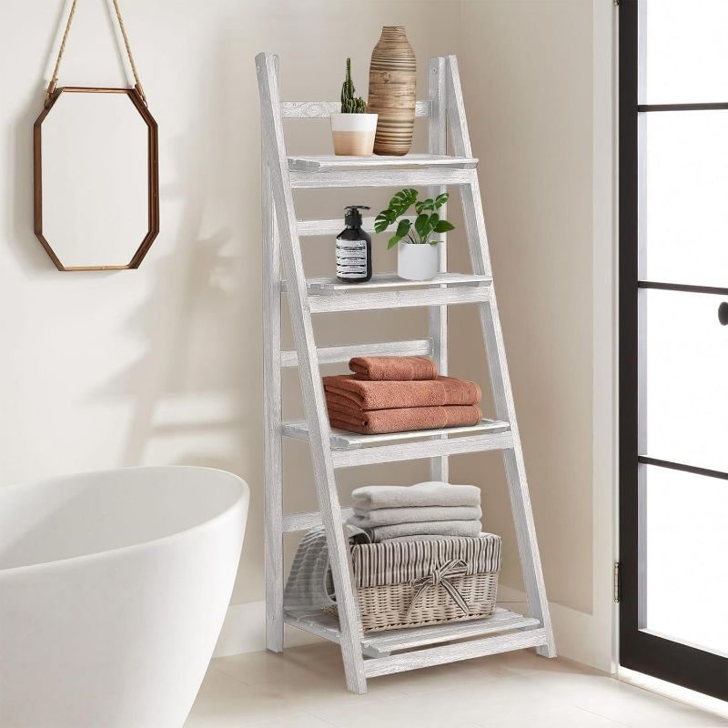 Photo 1 of 4 Tier Ladder Shelf, Wooden Ladder Shelf Industrial 4 Tier Bookshelf Ladder Shelves Rustic Foldable Freestanding Plant Stand, Solid Wood Shelf with for Bedroom, Living Room, White Strip Shelf