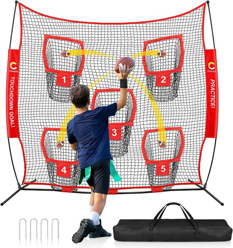 Photo 1 of 8 x 8ft/8 x 4ft Football Net Throwing Football Target w/ 5 Pocket Football Practice Net Quarterback Training Equipment for Throw Accuracy Improving w/Carry Bag, Ground Stake for Backyard Kids