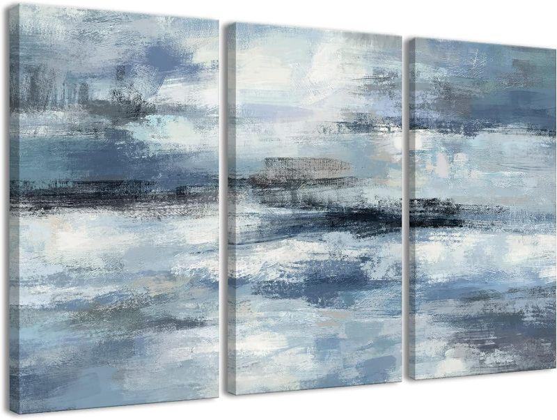 Photo 1 of Blue Abstract Wall Art-Grey Abstract Picture 3 Piece Living Room Office Canvas Wall Art Print Wall Painting Modern Artwork for Home Bedroom Wall Decor