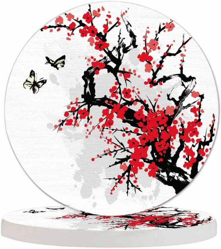 Photo 1 of Cherry Branch Drink Coasters Modern Foliage Butterfly China Classic Blossoming Oriental Ink Culture Housewarming Presentss for New Home Present for Friends,2 Pcs,4 X 4 X 0.35 Inches