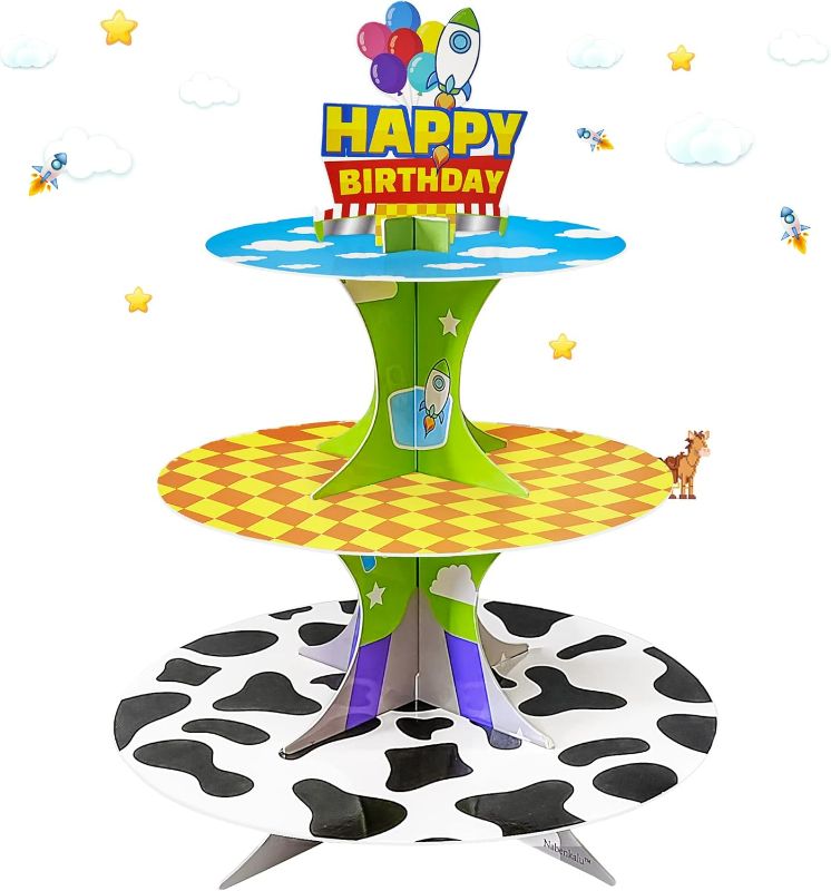 Photo 1 of 2nd Birthday 3-Tier Cartoon Story cupcake stand Cardboard Cake Stand Dessert Tower Holder for toy theme Birthday Decoration Baby Shower Party Supplies