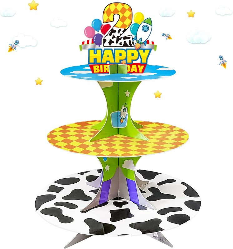 Photo 1 of Cartoon Story Cupcake Stand 2nd Cardboard Cake Stand Dessert Tower Holder for Toy Theme Birthday Decoration Baby Shower Party Supplies