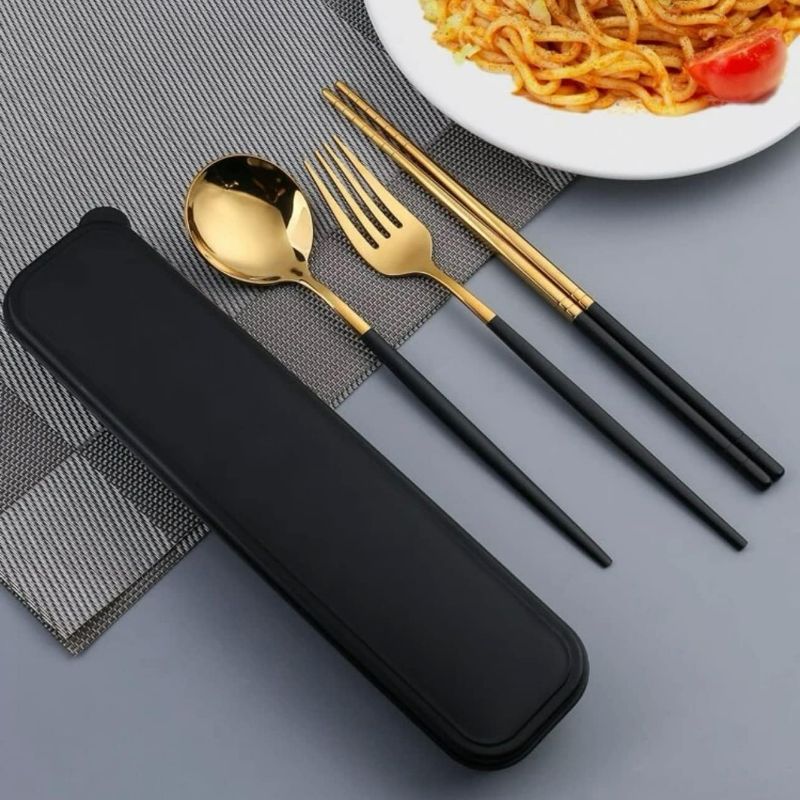 Photo 1 of Black and Gold Cutlery Set with Cases Stainless Steel Flatware Set Portable Reusable Cutlery Set Travel Utensils Set Including Chopsticks Knife Spoon and Case