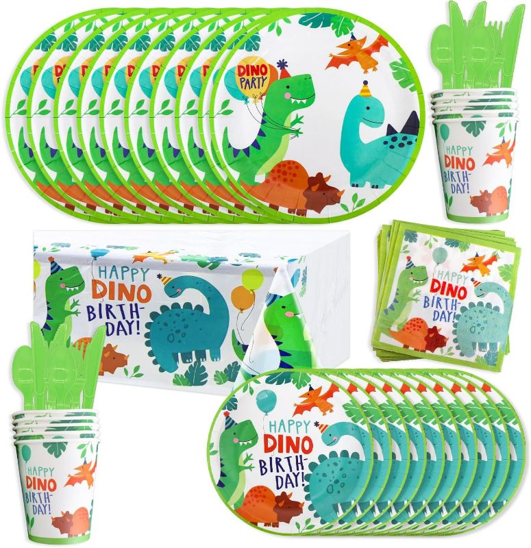 Photo 1 of Happy Dino Birthday Disposable Tablewares Kit Dinosaur Party Dessert Table Decoration Supplies Serves 10 Guests Includes Paper Plates, Cups, Napkins, Forks, Knives, Spoons and Tablecloth