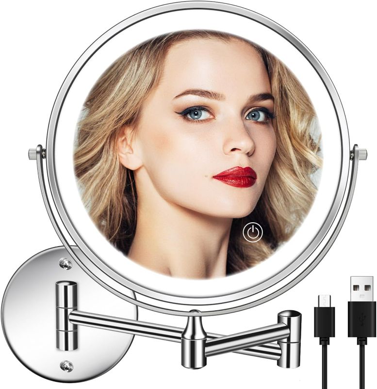 Photo 1 of Rechargeable Wall Mounted Lighted Makeup Mirror 8 Inch Bathroom Mirror Double-Sided 1X/5X Magnification 3 Color Lights Dimmable LED Vanity Mirror Touch Screen 360° Swivel 13 Inch Extendable