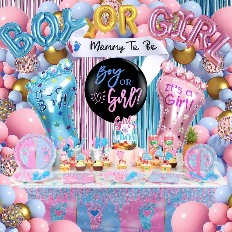 Photo 1 of Boy or Girl Gender Reveal Party Supplies, 165pcs Baby Gender Reveal Decorations Include Gender Reveal Balloons , Cupcake Toppers, Napkins, Tableware, Tablecloth, Balloons Kit