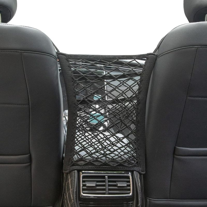 Photo 1 of 3 Layer Car Net Pocket, Car Net Pocket Handbag Holder, Four-Side Elasticity Car Purse Net, Car Net Barrier between Front Seats for Backseat Kids Dogs or Pets