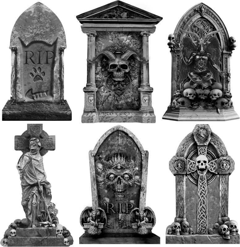 Photo 1 of 16 Inch Halloween Graveyard Tombstones Yard Stakes Signs Large 6 Styles Outdoor Headstones for Cemetery Halloween RIP Graveyard Tombstones Outdoor Props Yard Decorations With Stakes