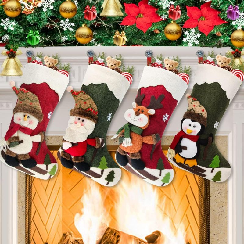 Photo 1 of Dreampark Christmas Stockings 4 Pack 18" Big Xmas Stockings Decoration - Santa Snowman Reindeer Penguin Family Stockings for Home Decor Set of 4