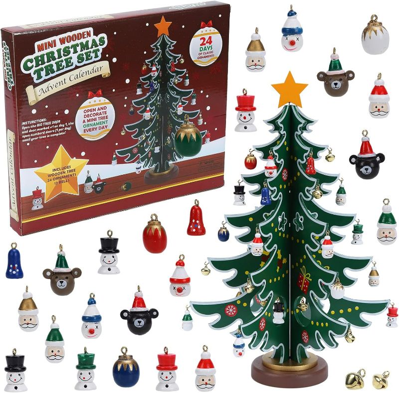 Photo 1 of Christmas Advent Calendar Ornaments 2023,24 Days Countdown Advent Calendar with a Tabletop Wooden Christmas Tree and Ornaments Snowman Santa Decorations for Boys, Girls and, Xmas Gift