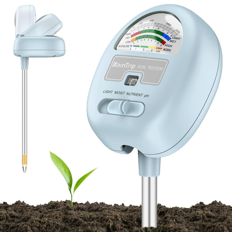 Photo 1 of Upgraded  4-in-1 Soil Moisture Meter, Soil Ph Meter, Soil Tester for Moisture, Light,Nutrients, pH,Soil Ph Test Kit, Great for Garden, Lawn, Farm, Indoor & Outdoor Use ?No Battery Required?Blue)