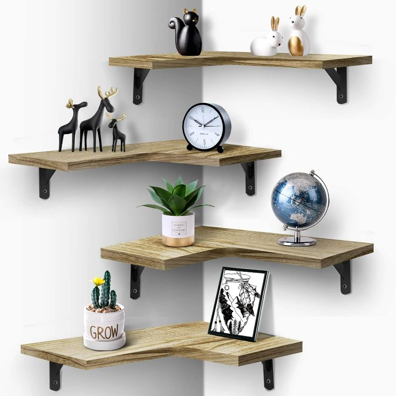 Photo 1 of  Floating Corner Shelves for Wall Décor Storage, Wall Shelves Set of 4, Wall Mounted Wood Shelves for Home Decor, Bedroom, Living Room, Bathroom, Kitchen, Office 