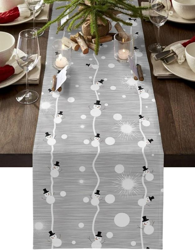 Photo 1 of Burlap Christmas Table Runner Merry Christmas Snowman Snowflake Table Runner for Christmas Holiday Party Wedding Dining Table Dresser Decoration, Farmhouse Linen Table Runner 13"x36"