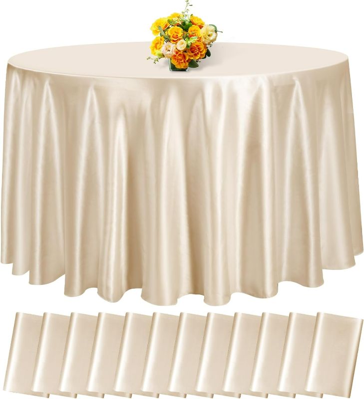 Photo 1 of fani 12 Pack 108 Inch Champagne Satin Tablecloth - Premium Bright Silky Round Tablecloth Overlay Smooth Fabric Table Cover, Table Decoration for Wedding Party Banquet Events Restaurant Kitchen Dining