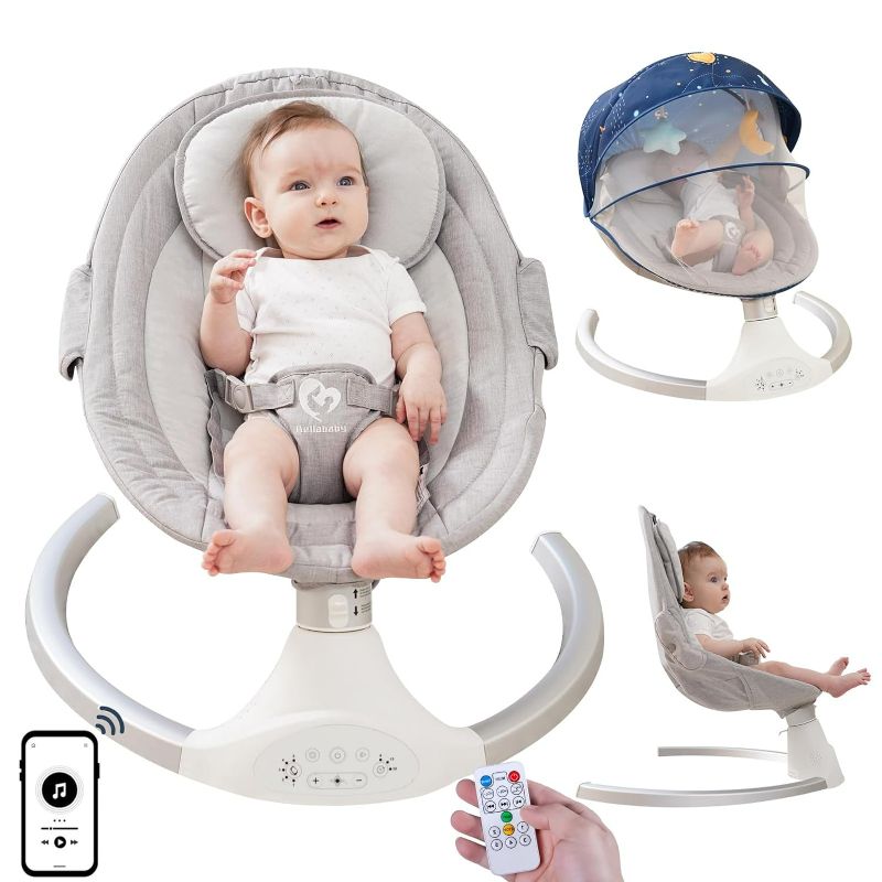 Photo 1 of Bellababy Bluetooth Baby Swing for Infants, Compact & Portable Baby Bouncer, 3 Seat Positions, 5 Speed, 10 Lullabies, Remote Control, USB Plug-in Power, Indoor/Outdoor Baby Rocker, Boy/Girl Gray