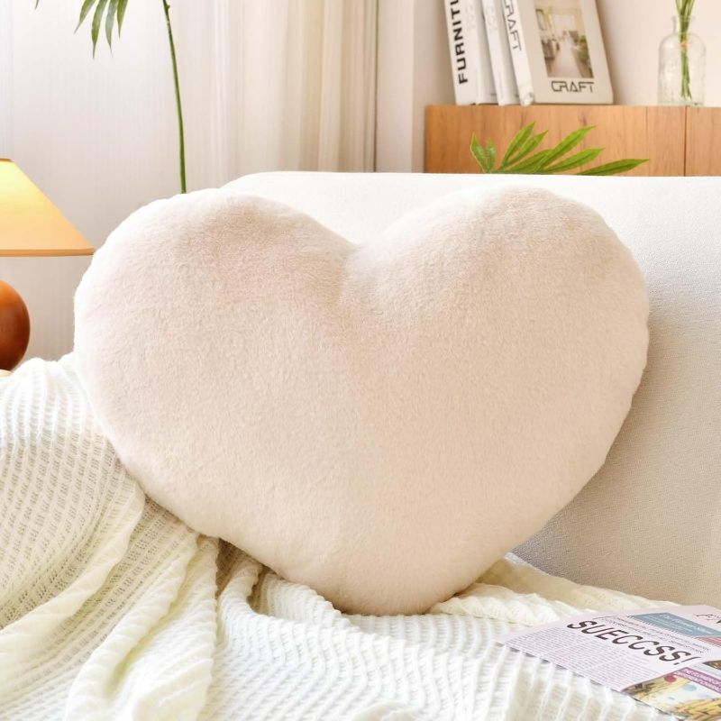 Photo 1 of Soft Heart Shaped Pillow, Cute Beige Heart Decorative Pillow, 12.9"x9.8" Heart Plush Cushion, Faux Rabbit Fur Room Decor Throw Pillow for Couch Bed Women Valentine's Day Xmas Gift