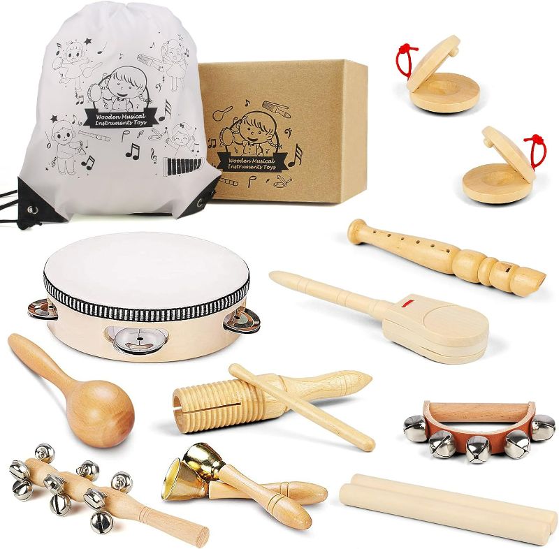 Photo 1 of Chriffer Kids Musical Instruments Toys, Percussion Instruments Set with Storage Bag, Preschool Educational Music Toys for Boys Girls, Natural Eco-Friendly Wooden Music Set (10pcs)