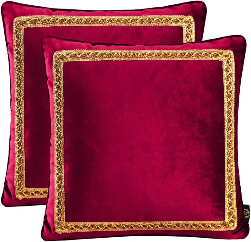 Photo 1 of Decorative Velvet Throw Pillow Covers for Sofa Couch Bed Chair, Embroidery Pattern Design, Ruby Red, Pack of 2, 18x18 Inch