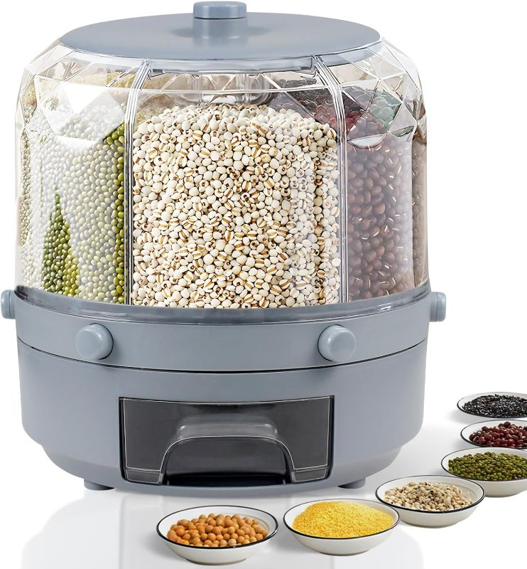 Photo 1 of Grain Dispenser, 360° Rotating Rice Dispenser, Kitchen Rotating 6 Grid Grain Dispenser for Lentils, Small Beans, Barley, Millets Grey