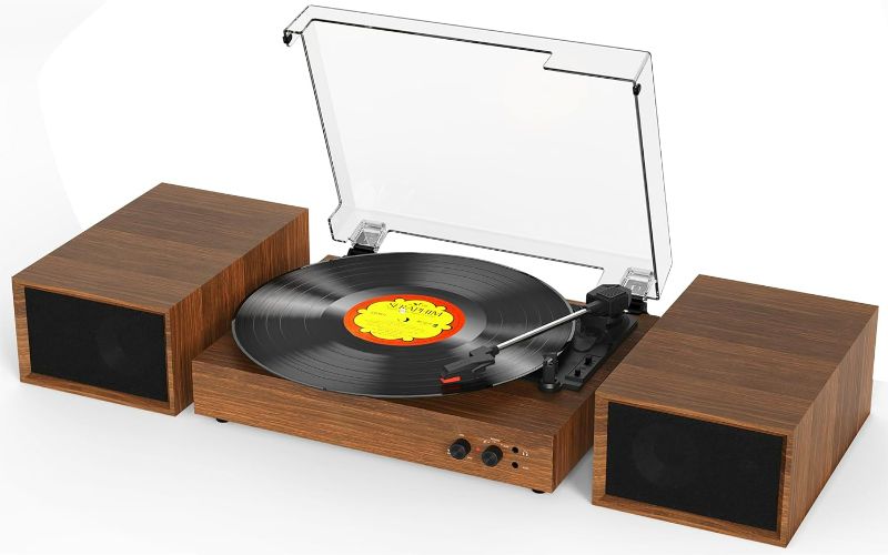 Photo 1 of Record Player for Vinyl with External Speakers, Bluetooth 3 Speed Vintage Belt-Driven 33 45 78 RPM Turntable with Stereo Speakers, MP3 PC Recording, RCA Line-Out, AUX-in Headphone Out, Walnut