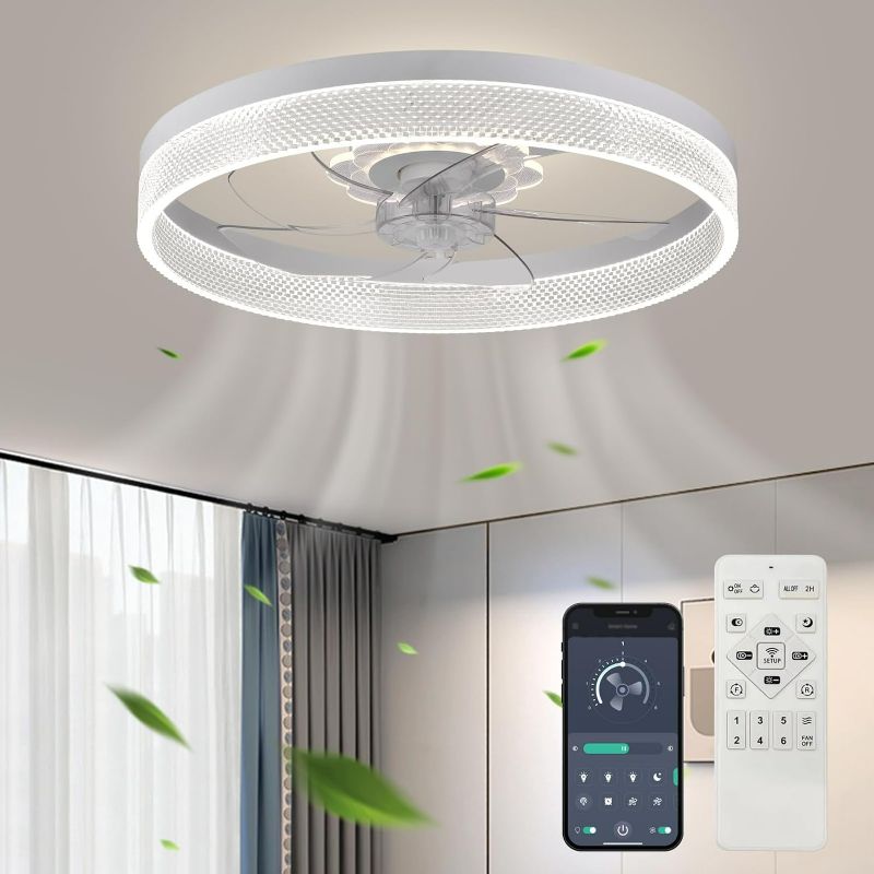 Photo 1 of 20‘’ Ceiling Fan with Light, 2024 Upgraded, Low Profile Fan, Flush Mount Ceiling Fan, 6 Speeds, Dimmable LED, App & Remote Control, Quiet DC Motor, For Bedroom, Living Room, F093 White-D