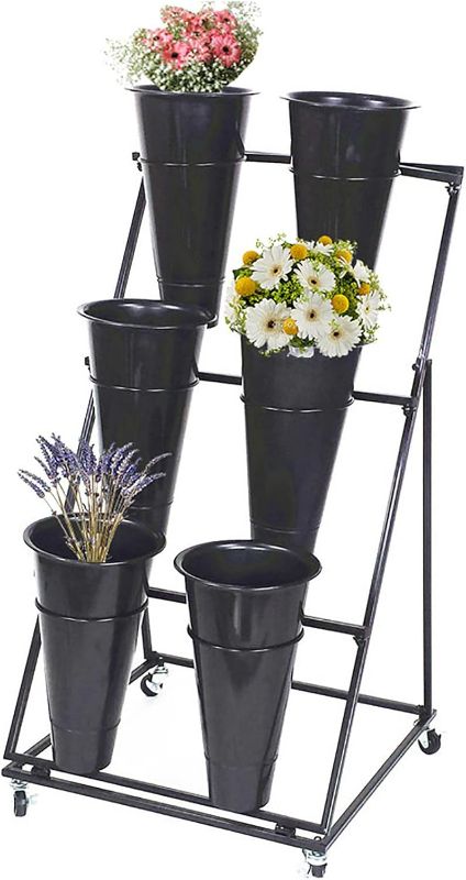 Photo 1 of Flower display stand with flower buckets,Outdoor Plant stand with wheels,3 Tier Plant Shelf tall flower Cart,Decorative Moving Florist Shelf rack for patio Garden porch florist,Black,48x96cm(19x38inch