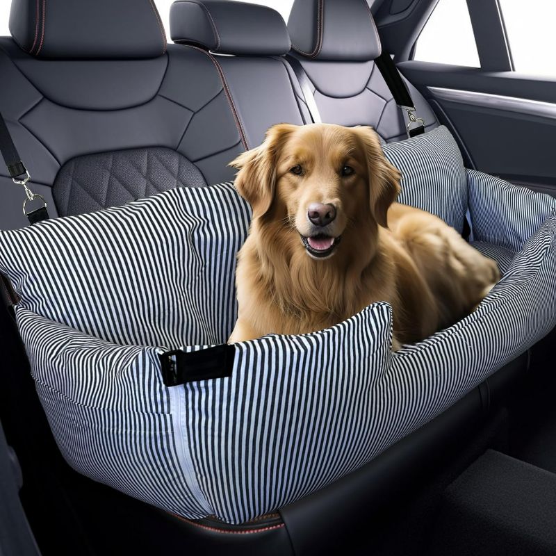 Photo 1 of Dog Car Seat for Large Dogs Under 100 lbs 2 in 1 Booster Backseat Dog Bed for Car and Home Safety Travel Carrier with Detachable Waterproof Seat Protector, Navy Blue Stripes, 44“x 18”x 22“