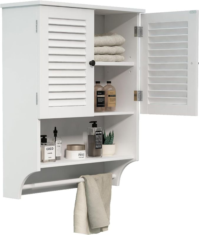 Photo 1 of ChooChoo Medicine Cabinet with Towels Bar, 23.6" L x8.9 W x29.3 H MDF Material Bathroom Wall Cabinet, 2 Doors Over The Toilet Space Saver Storage Cabinet with Large Space, White