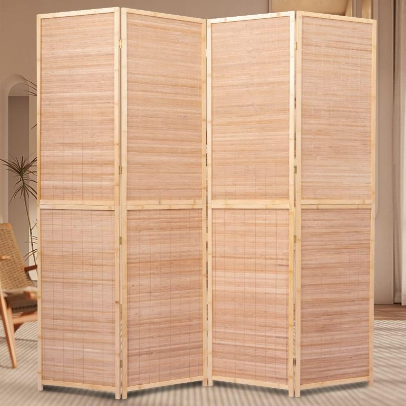 Photo 1 of 4 Panel Bamboo Room Divider, 6 FT Tall Folding Privacy Screen, Partition Divider for Room Separation, Portable Freestanding Wall Divider for Room, Bamboo Mesh Woven Design, Brown