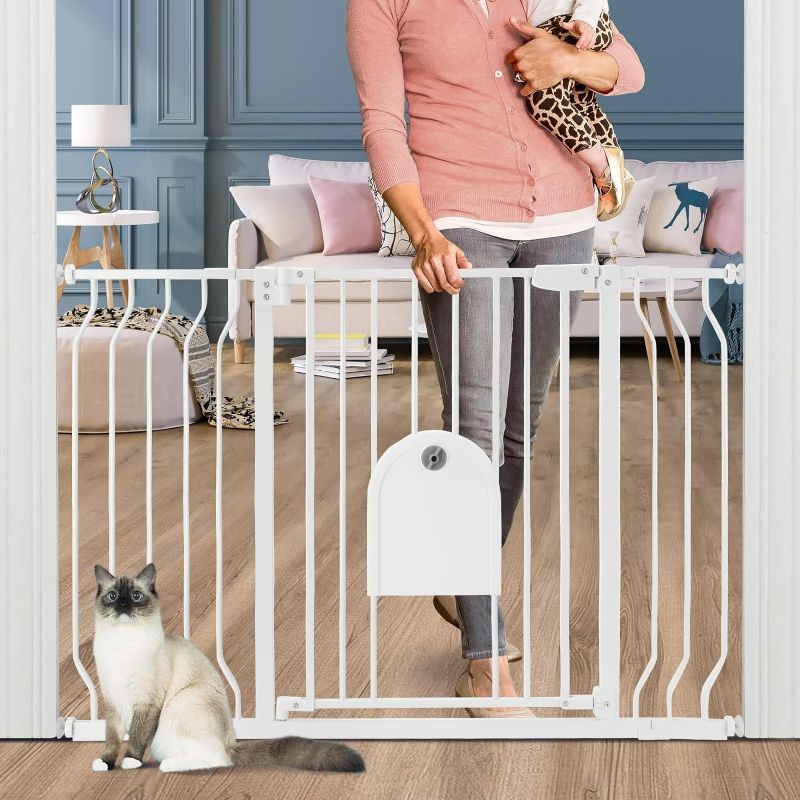 Photo 1 of Baby Gates with Cat Door - Auto Close 29.5"-48.4" Safety Metal Dog Pet Gate for Doorway, Stairs, House, Walk Through Child Gate with Pet Door, includes 4 Wall Cups and 2 Extension Pieces