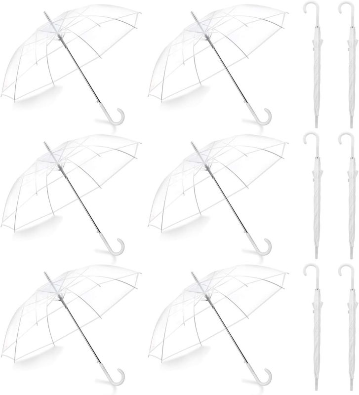 Photo 1 of Liberty Imports Pack of 12 Wedding Style Stick Umbrellas 46" Large Canopy Windproof Auto Open J Hook Handle in Bulk (Crystal Clear)