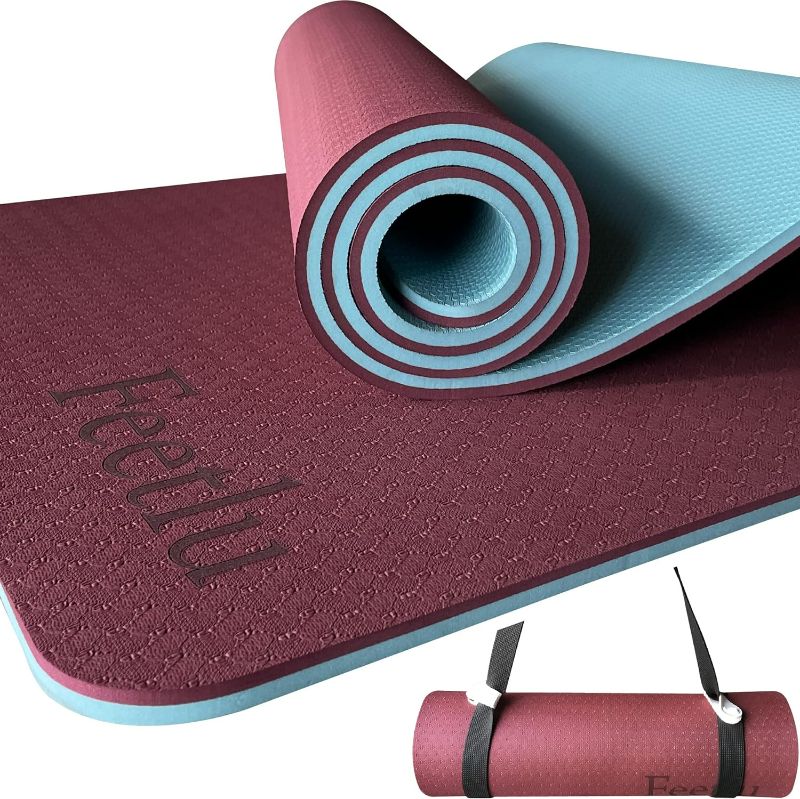 Photo 1 of 10mm Thick Yoga Mat with Strap – Non-Skid Dual Surface, Eco-Friendly POE, for Women, Men, Kids. Perfect for Pilates, Yoga, Floor Workouts.