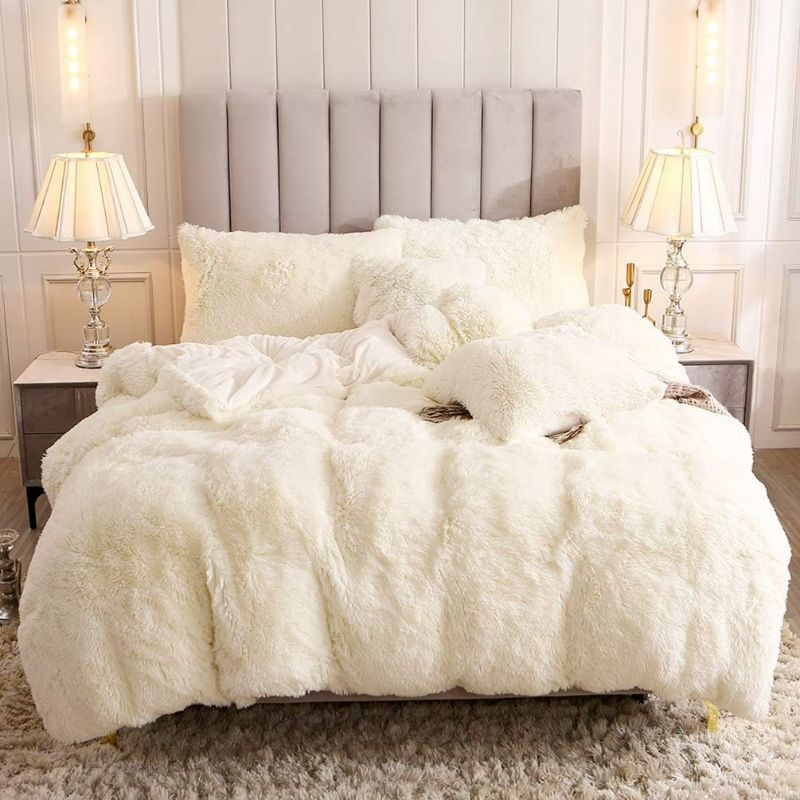 Photo 1 of HOMBYS Oversized King Faux Fur Fluffy Comforter Set 120x120, 3 Piece Shaggy Plush Velvet Bedding Thick Comforter with Shams, Extra Soft and Warm