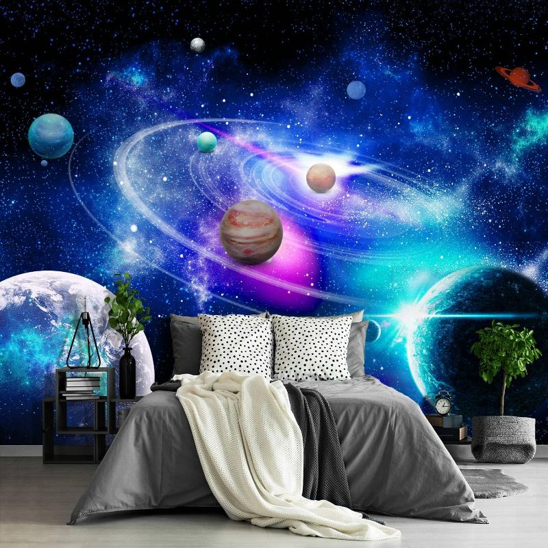 Photo 1 of Kids Planet murals Galaxy Backdrop Solar System Starry Night Sky Ceiling Home Theater Universe for Living Room Bedroom Wallpaper 195"x120" (It's not Peel and Stick)