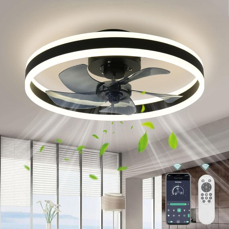 Photo 1 of Fandelier Ceiling Fans with Lights and Remote,19.7in Low Profile Dimmable Ceiling Fan, Brushed Black Flush Mount Ceiling Fan for Bedroom.